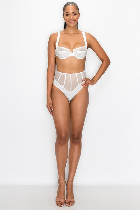 2 Pc. Lingerie Bra & Panty Set W/ Sheer Mesh & Rhinestone Accents - SohoGirl.com